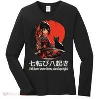 Japanese Samurai Girl With Sword And Kawaii Anime Black Cat Women's Long Sleeve Shirt thumb 0