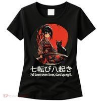 Japanese Samurai Girl With Sword And Kawaii Anime Black Cat Women's T-Shirt thumb 0