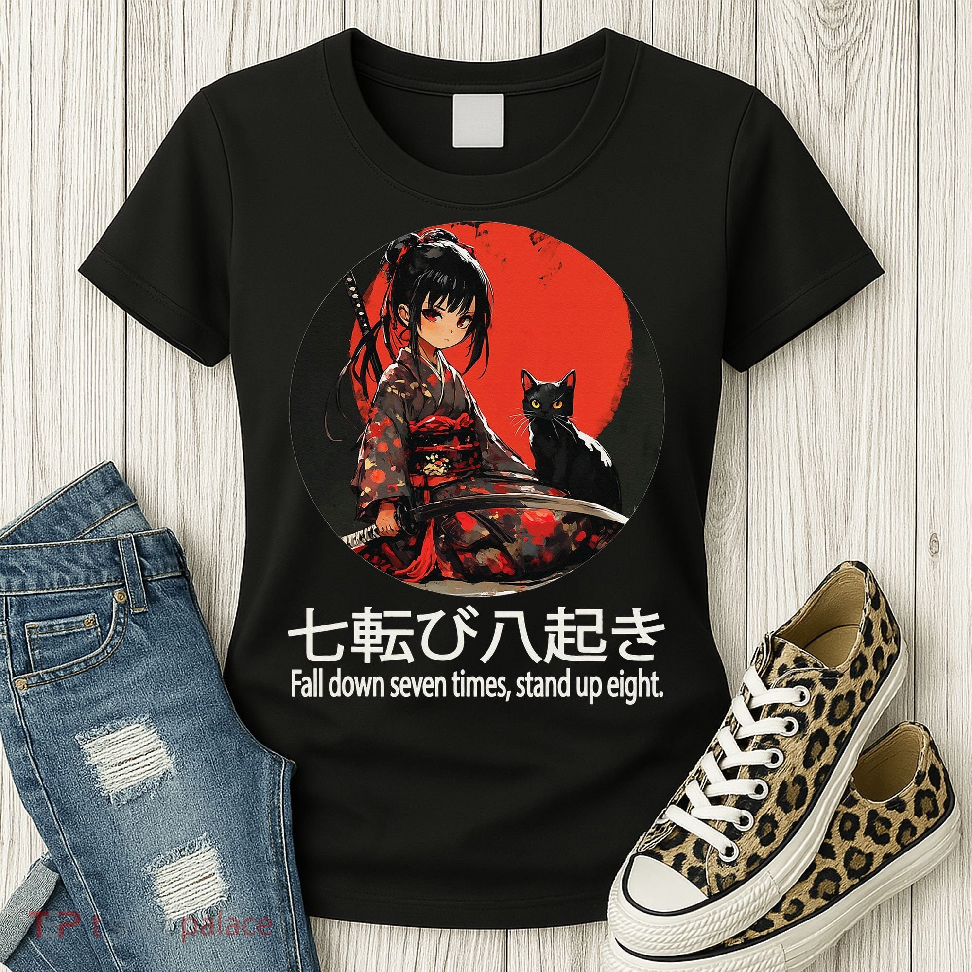 Japanese Samurai Girl With Sword And Kawaii Anime Black Cat Women's T-Shirt