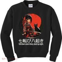 Japanese Samurai Girl With Sword And Kawaii Anime Black Cat Kids Sweatshirt thumb 0