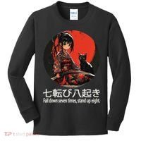 Japanese Samurai Girl With Sword And Kawaii Anime Black Cat Kids Long Sleeve Shirt thumb 0