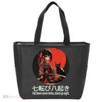 Japanese Samurai Girl With Sword And Kawaii Anime Black Cat Tote Bag thumb 0