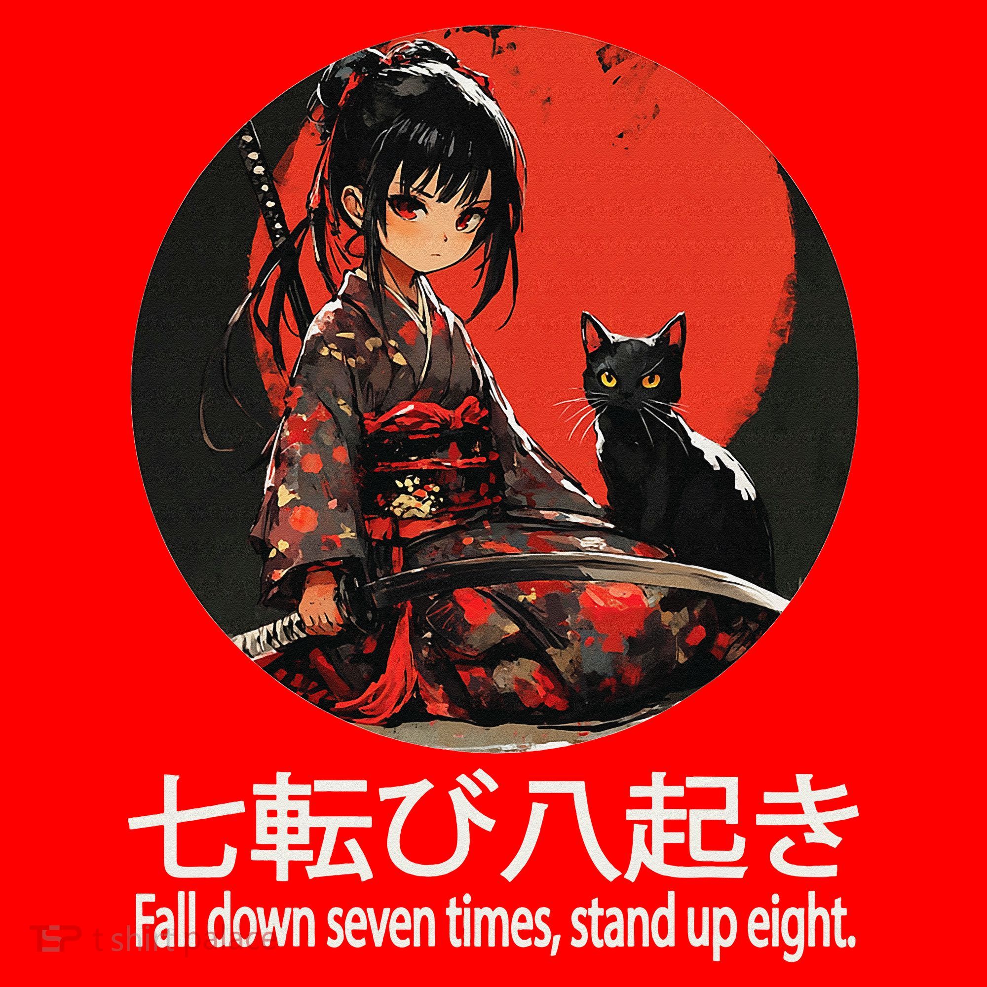 Japanese Samurai Girl With Sword And Kawaii Anime Black Cat Santa Hat