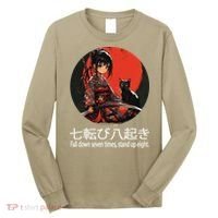 Japanese Samurai Girl With Sword And Kawaii Anime Black Cat Long Sleeve Shirt thumb 0