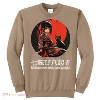 Japanese Samurai Girl With Sword And Kawaii Anime Black Cat Sweatshirt thumb 0