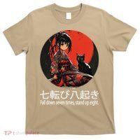 Japanese Samurai Girl With Sword And Kawaii Anime Black Cat T-Shirt thumb 0
