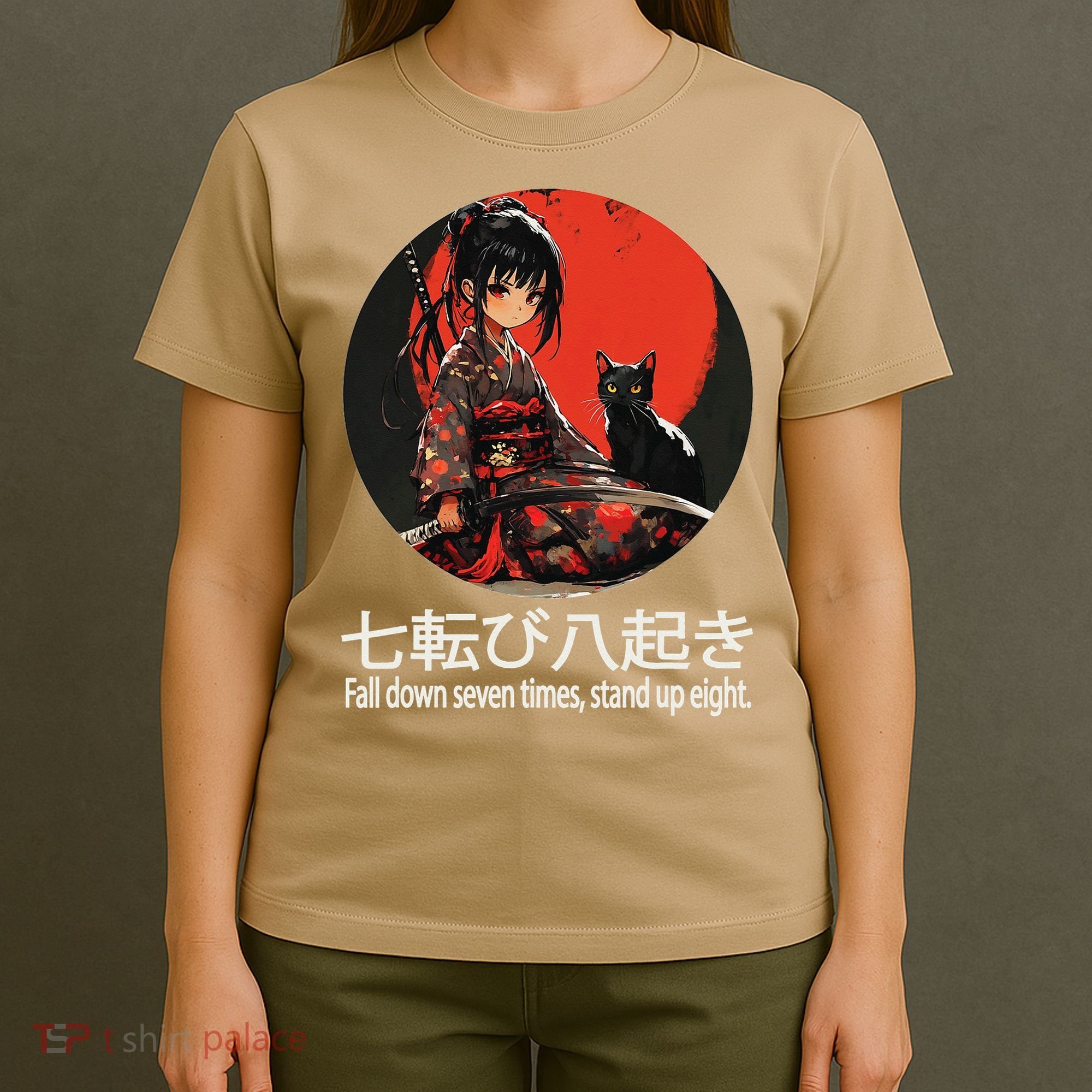 Japanese Samurai Girl With Sword And Kawaii Anime Black Cat T-Shirt