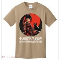 Japanese Samurai Girl With Sword And Kawaii Anime Black Cat Kids T-Shirt thumb 0
