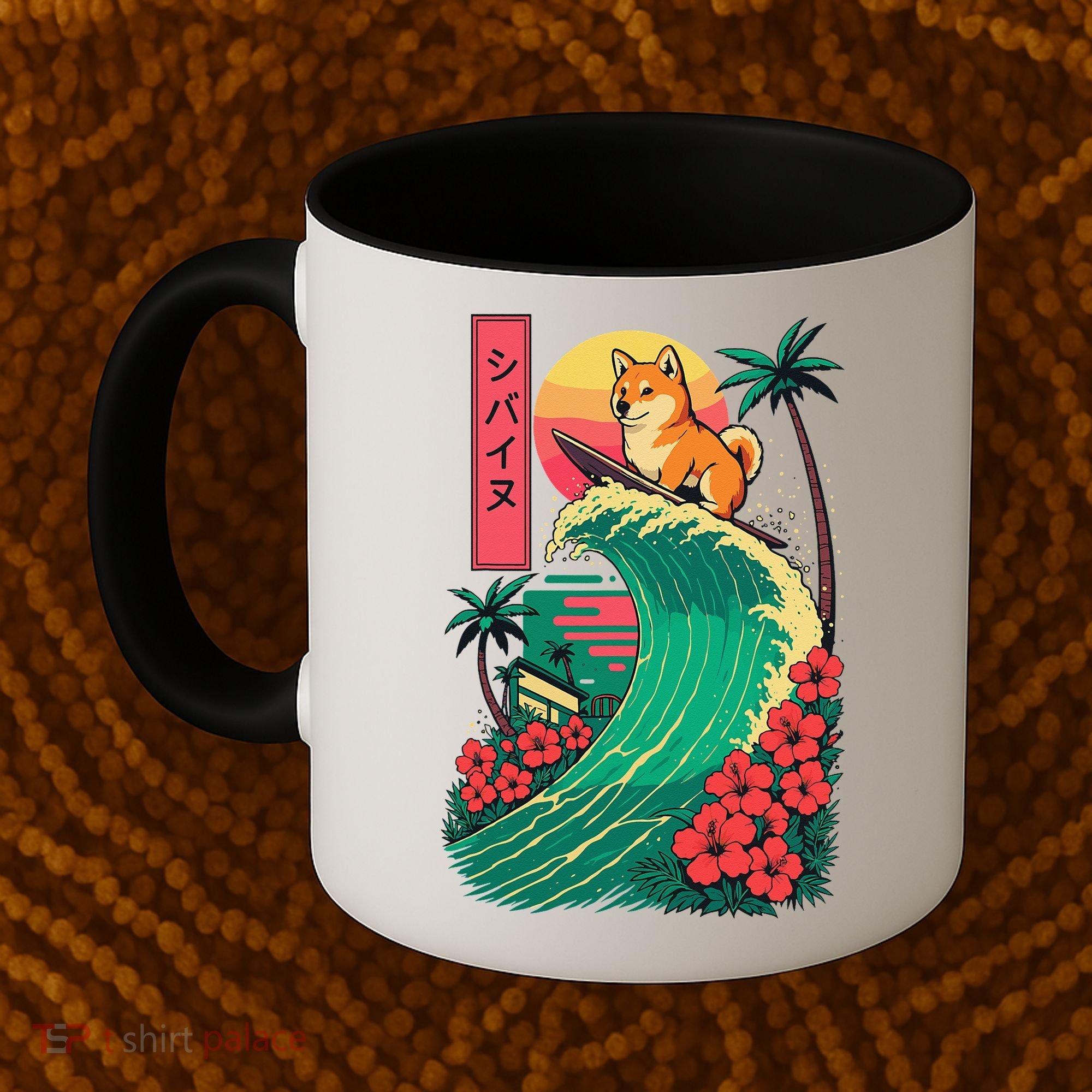 Japanese Shiba Inu Surfing Wave Great Wave Japan Gift Coffee Mug