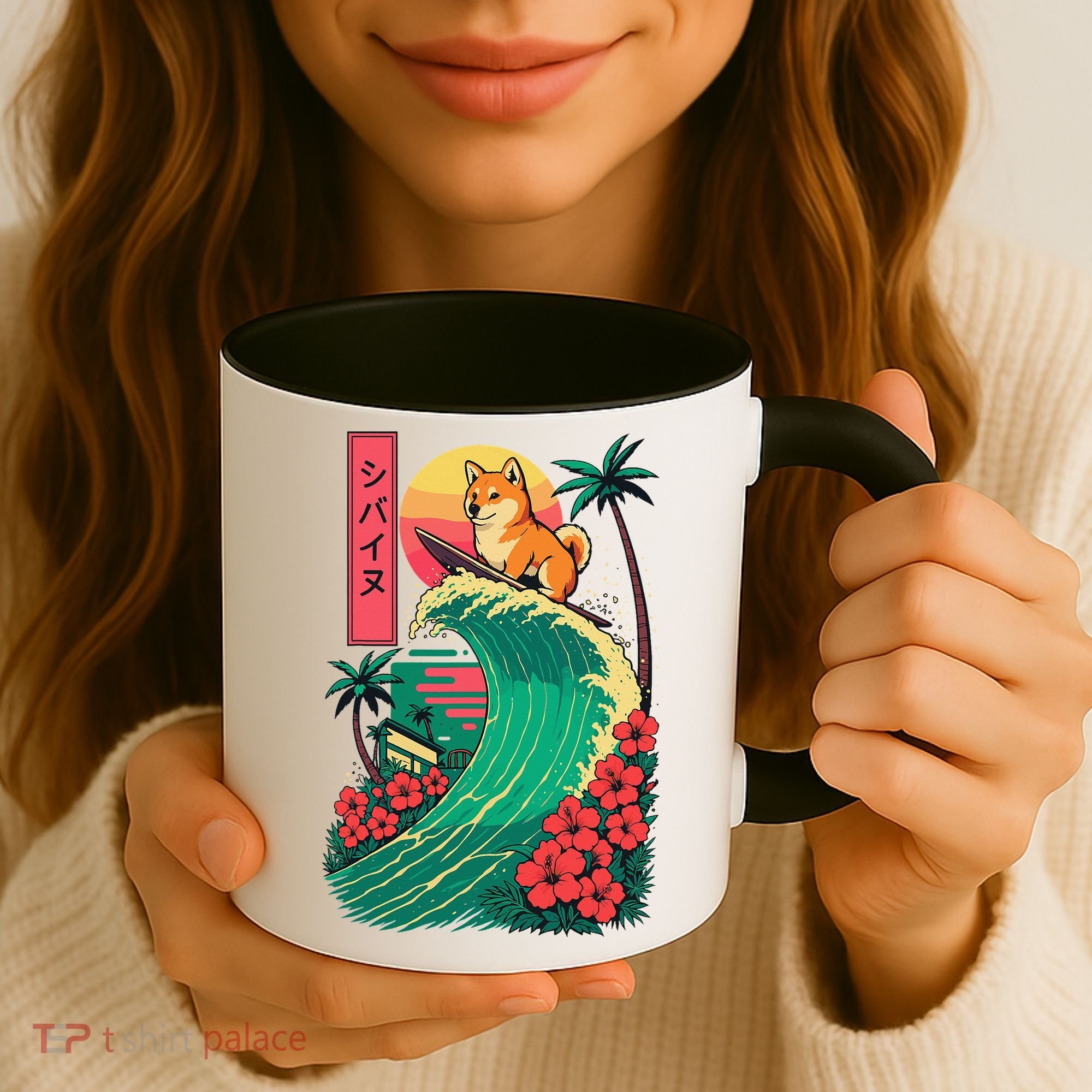 Japanese Shiba Inu Surfing Wave Great Wave Japan Gift Coffee Mug