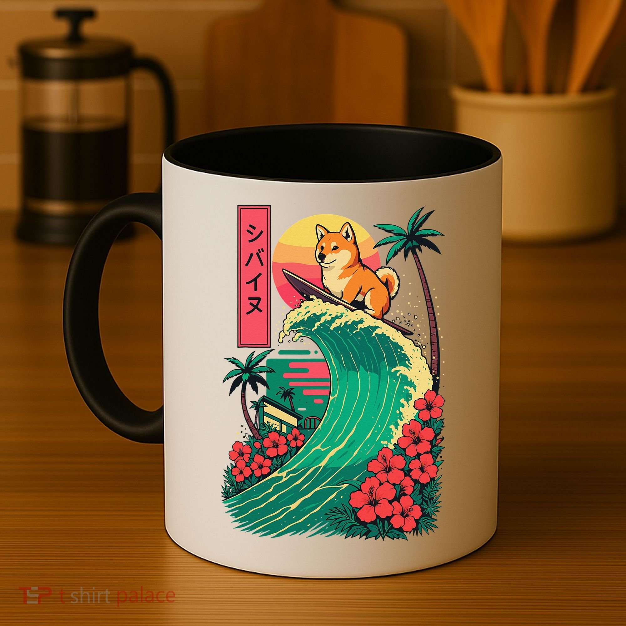 Japanese Shiba Inu Surfing Wave Great Wave Japan Gift Coffee Mug