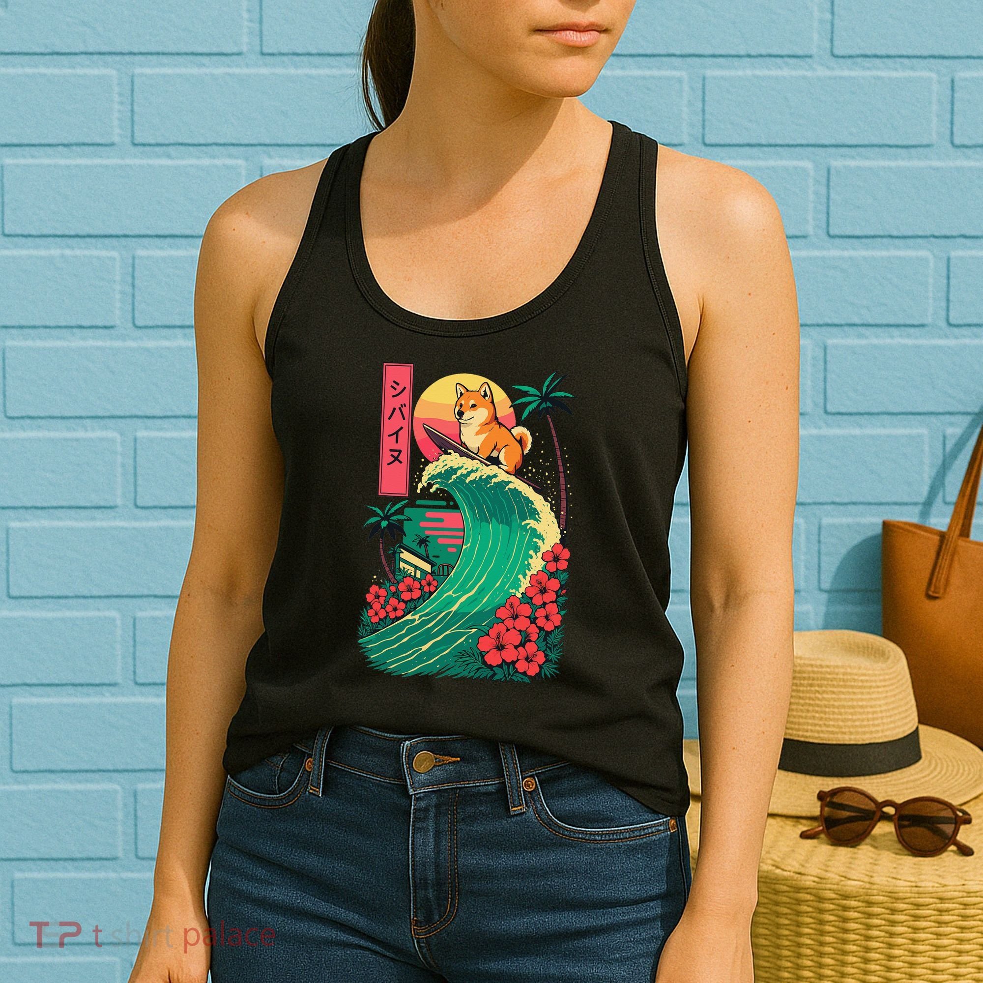 Japanese Shiba Inu Surfing Wave Great Wave Japan Gift Women's Tank Top