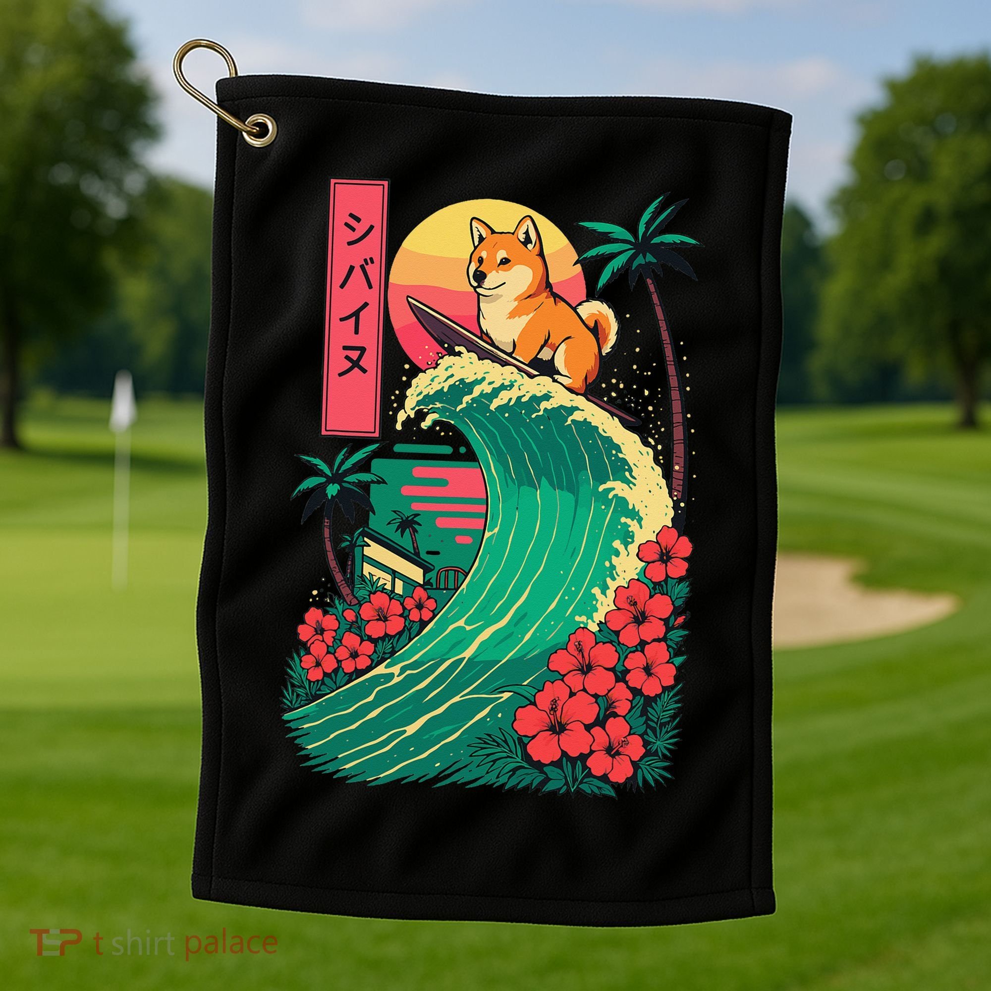 Japanese Shiba Inu Surfing Wave Great Wave Japan Gift Golf Towel