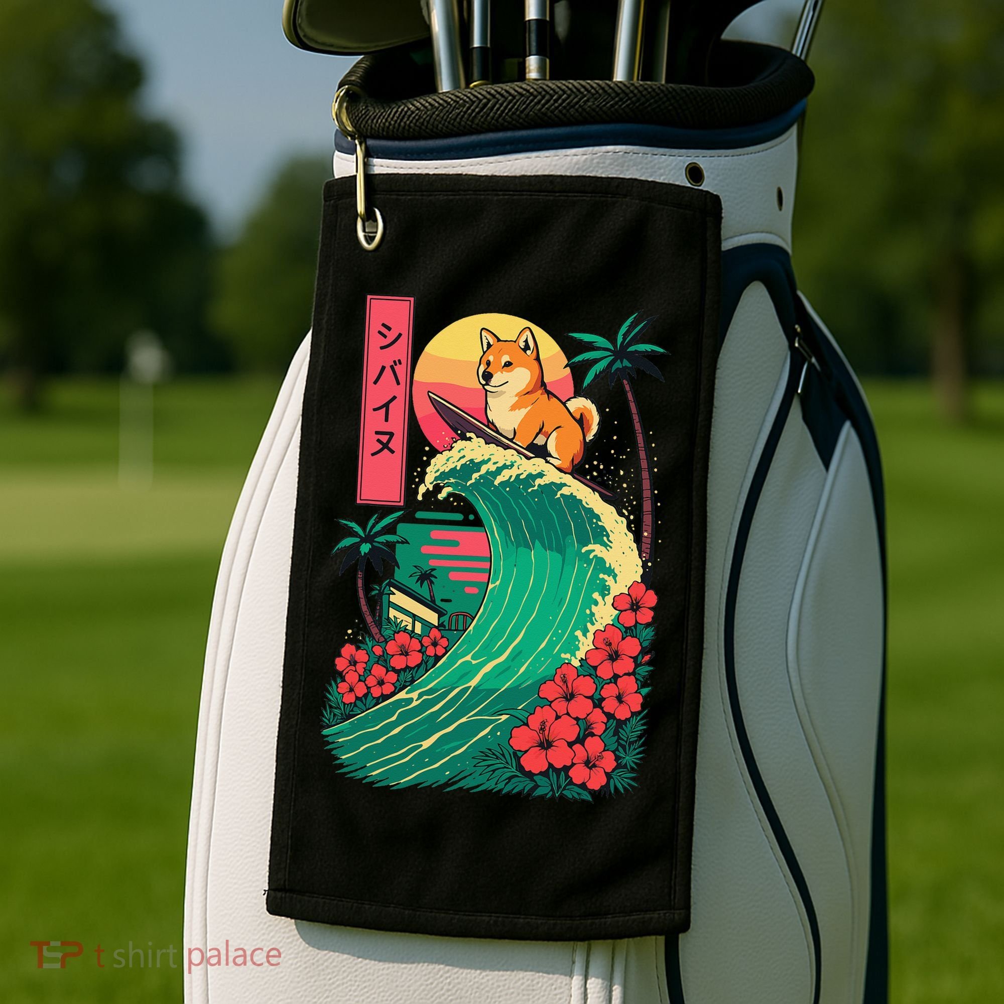 Japanese Shiba Inu Surfing Wave Great Wave Japan Gift Golf Towel