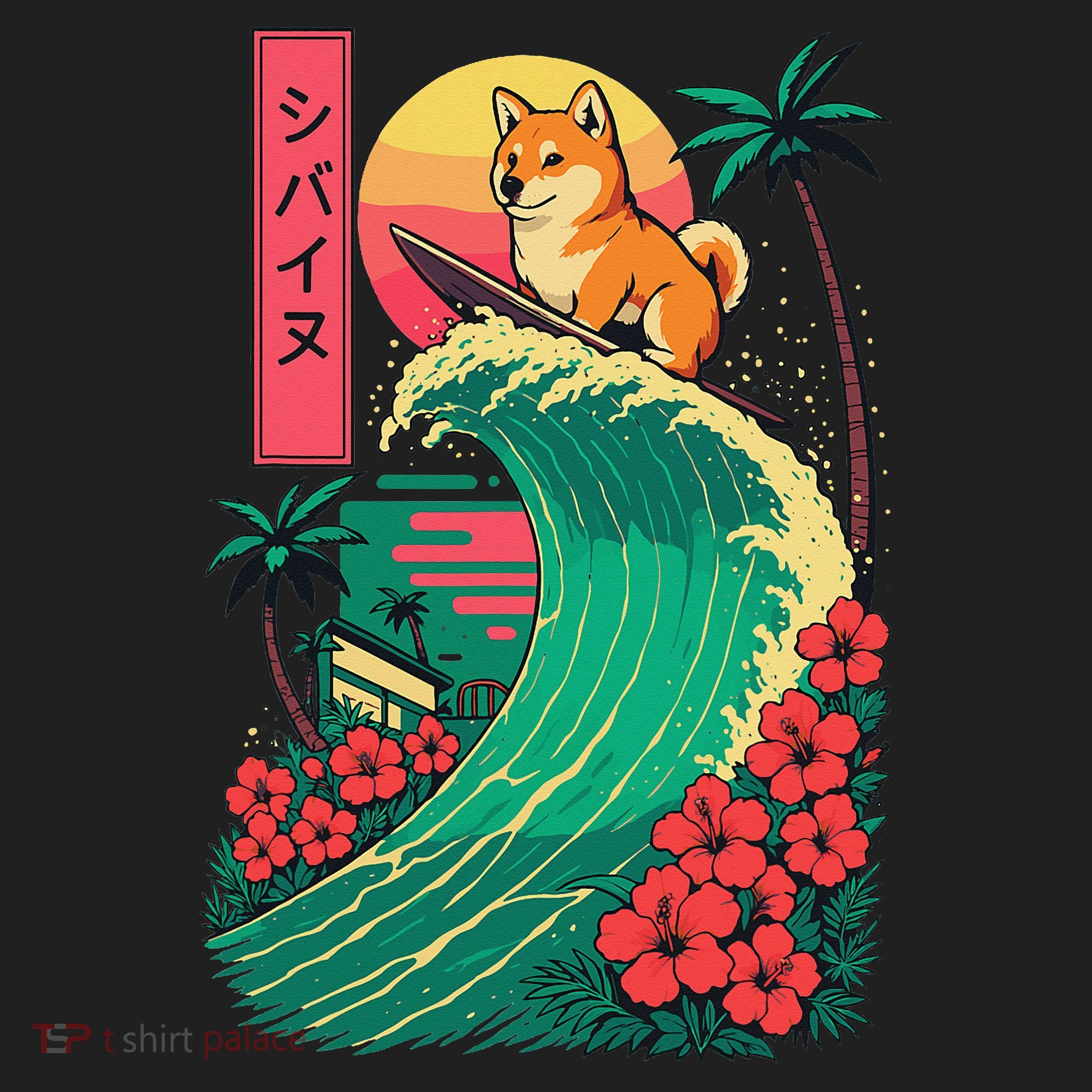 Japanese Shiba Inu Surfing Wave Great Wave Japan Gift Golf Towel