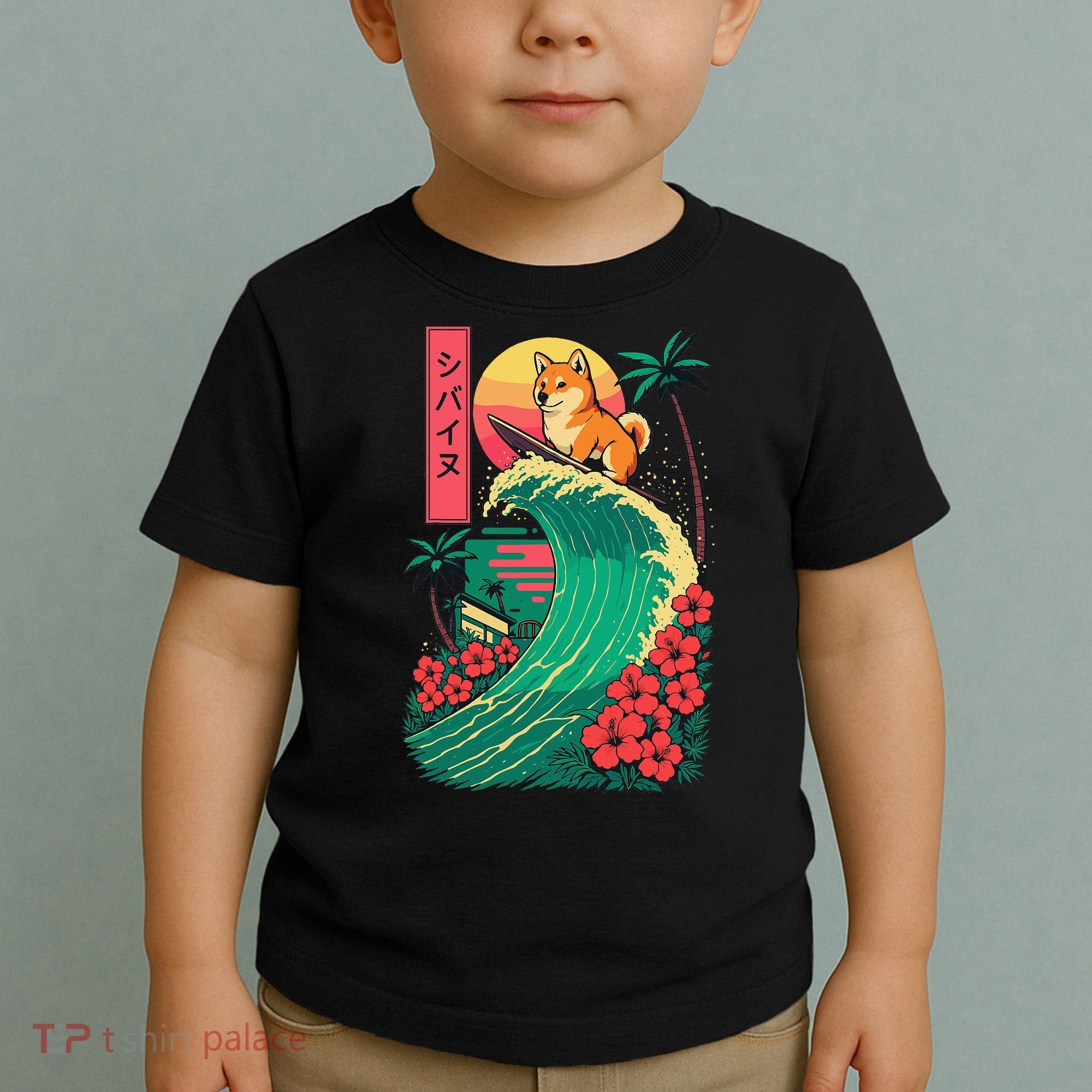 Japanese Shiba Inu Surfing Wave Great Wave Japan Gift Toddler T-Shirt