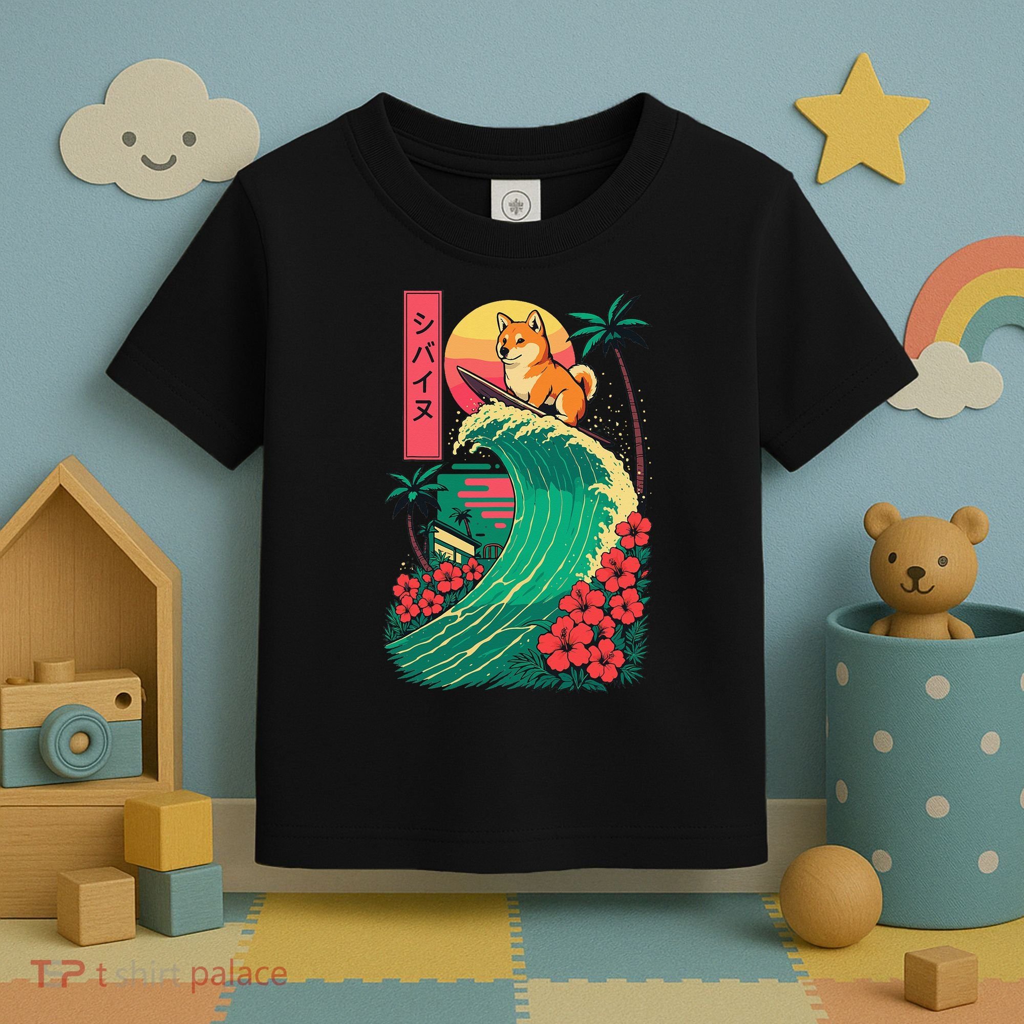 Japanese Shiba Inu Surfing Wave Great Wave Japan Gift Toddler T-Shirt