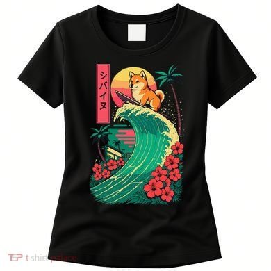 Japanese Shiba Inu Surfing Wave Great Wave Japan Gift Women's T-Shirt