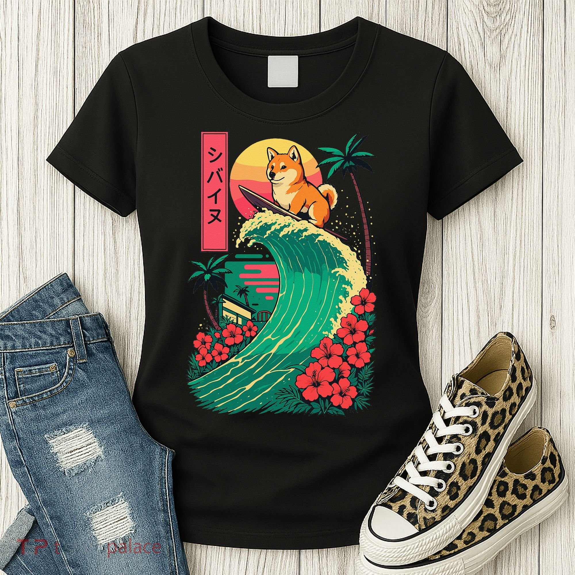 Japanese Shiba Inu Surfing Wave Great Wave Japan Gift Women's T-Shirt
