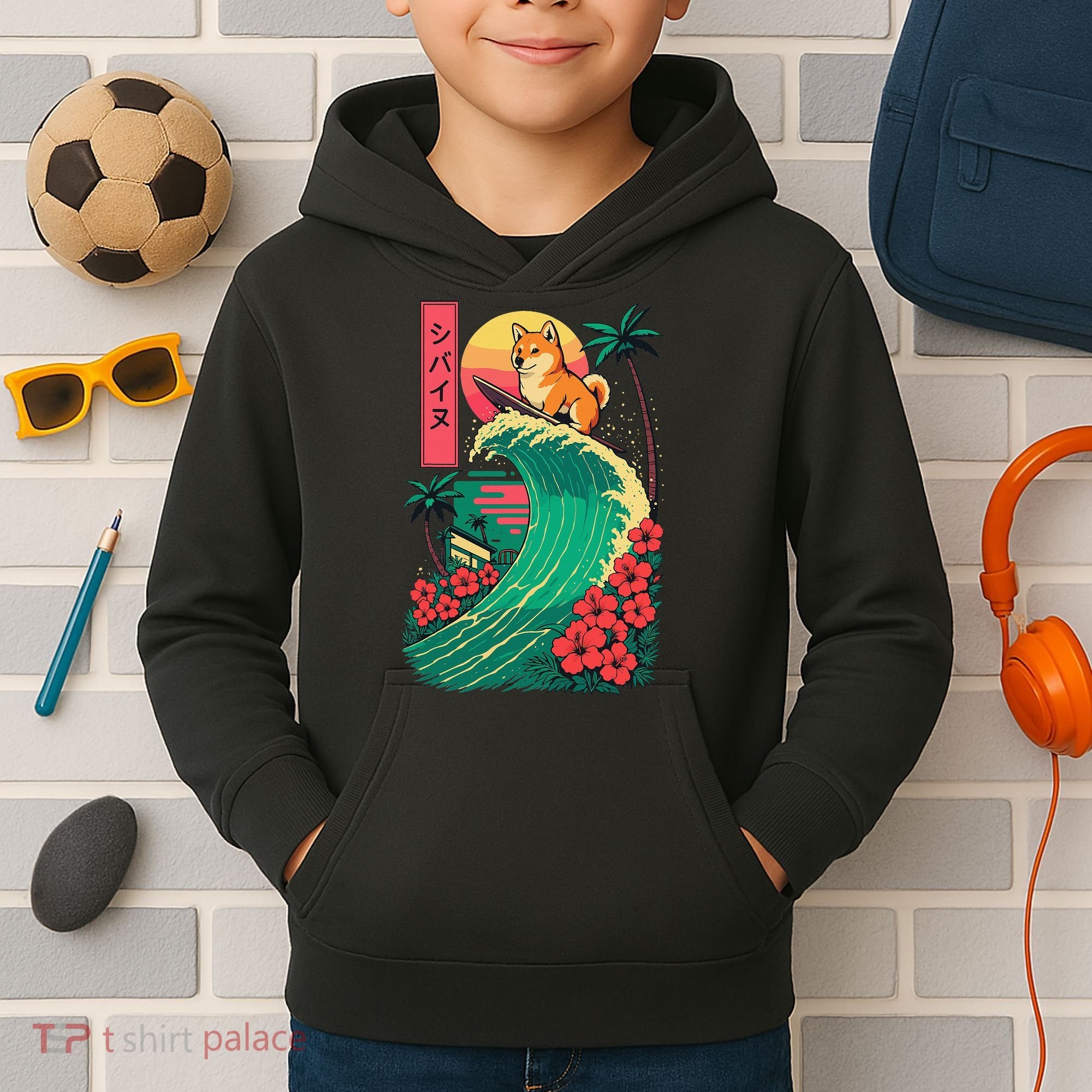 Japanese Shiba Inu Surfing Wave Great Wave Japan Gift Kids Hoodie