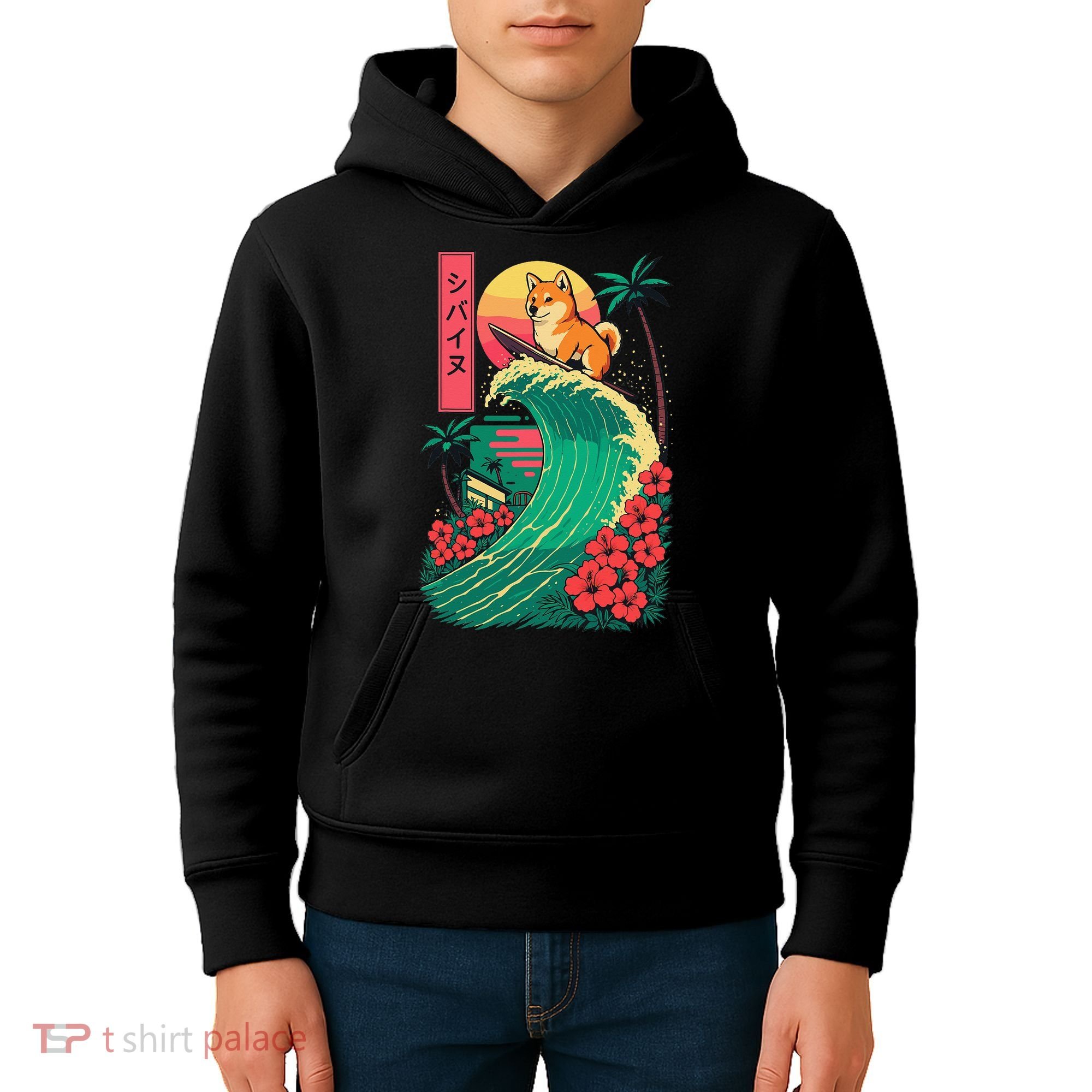 Japanese Shiba Inu Surfing Wave Great Wave Japan Gift Kids Hoodie
