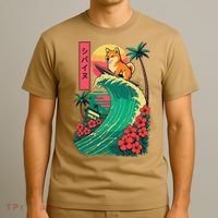 Japanese Shiba Inu Surfing Wave Great Wave Japan Gift T-Shirt thumb 3