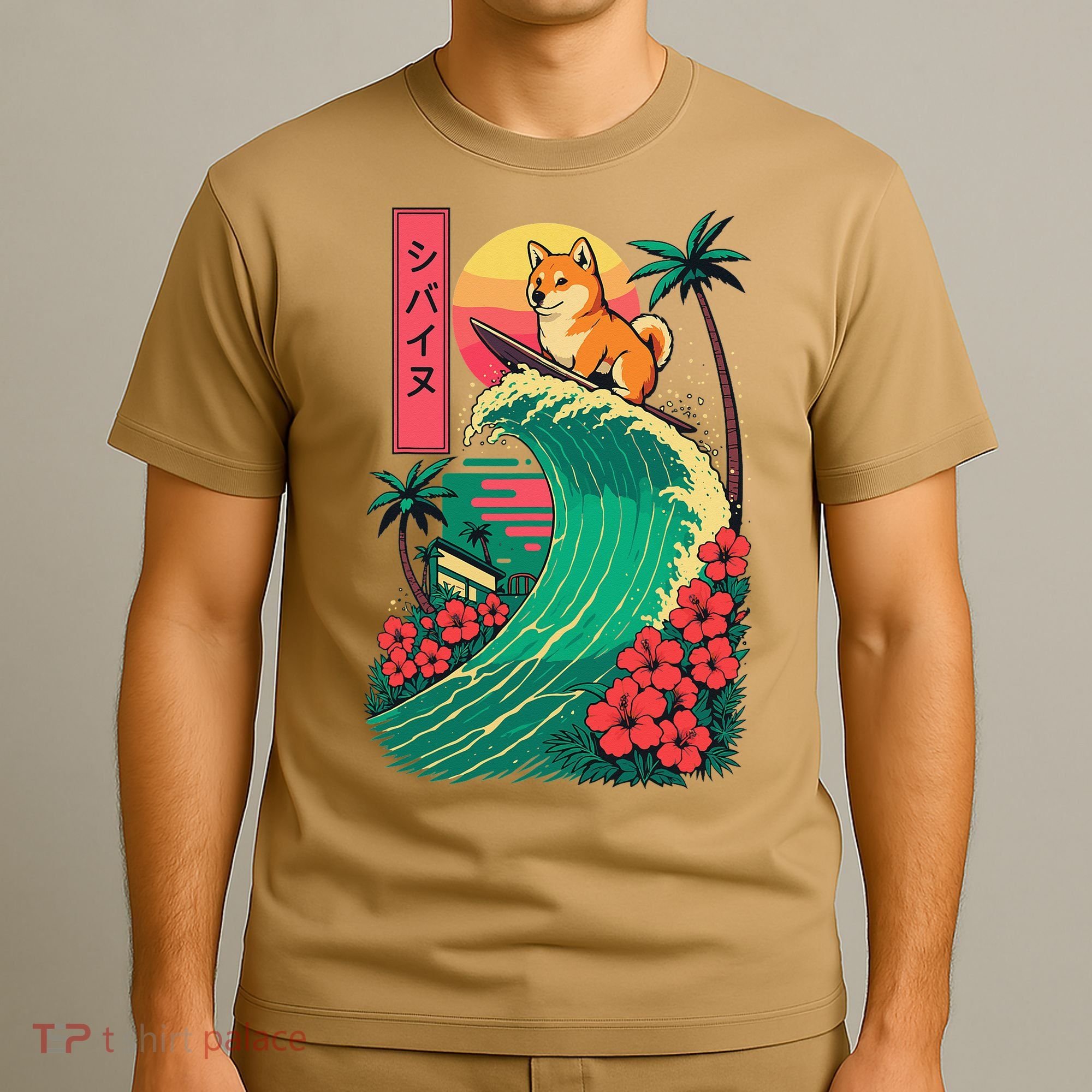 Japanese Shiba Inu Surfing Wave Great Wave Japan Gift T-Shirt
