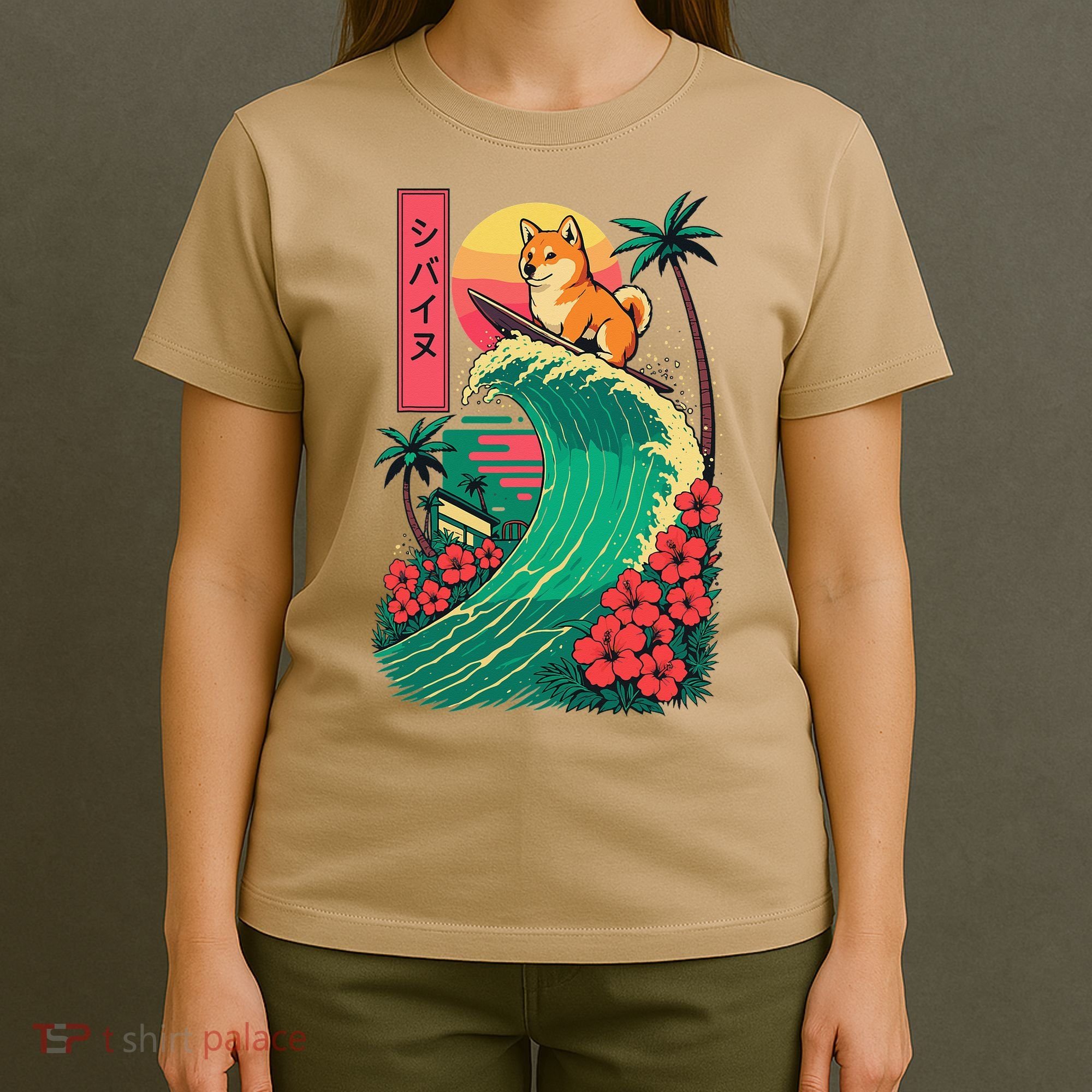 Japanese Shiba Inu Surfing Wave Great Wave Japan Gift T-Shirt
