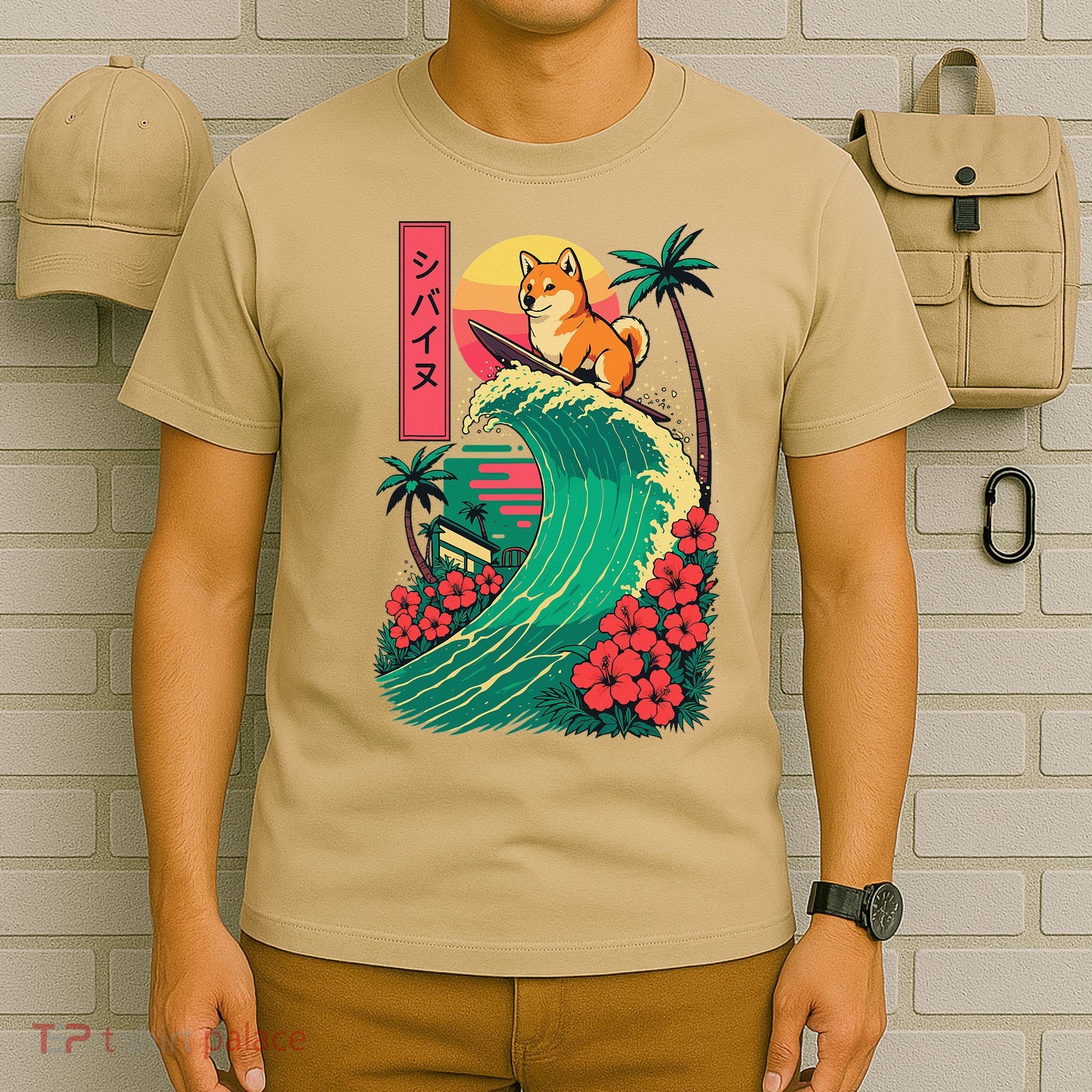 Japanese Shiba Inu Surfing Wave Great Wave Japan Gift T-Shirt
