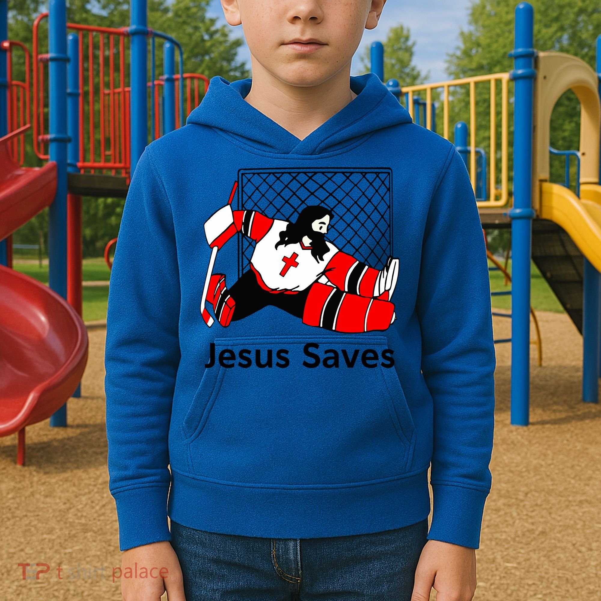Jesus Saves Jesus Saved Hockey Funny Gift Kids Hoodie