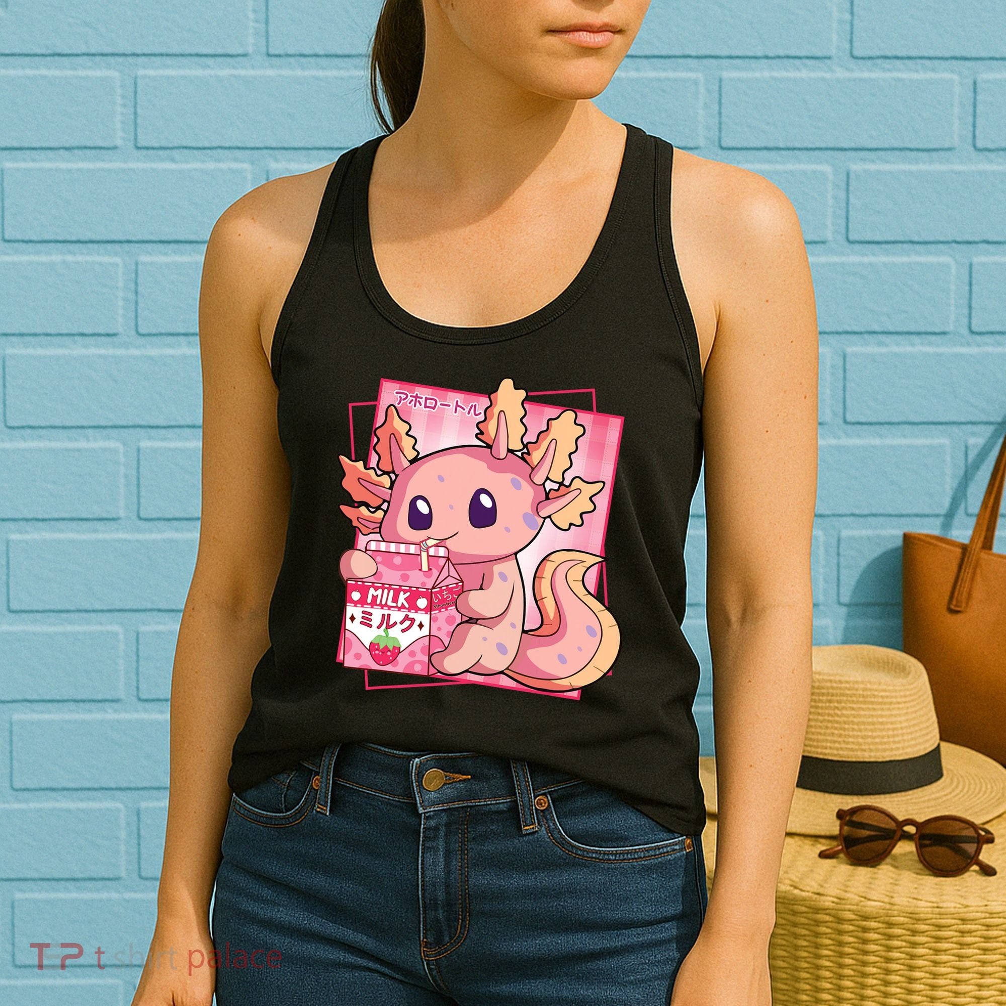 Japanese Style Kawaii Axolotl Strawberry Milk Anime Women's Tank Top