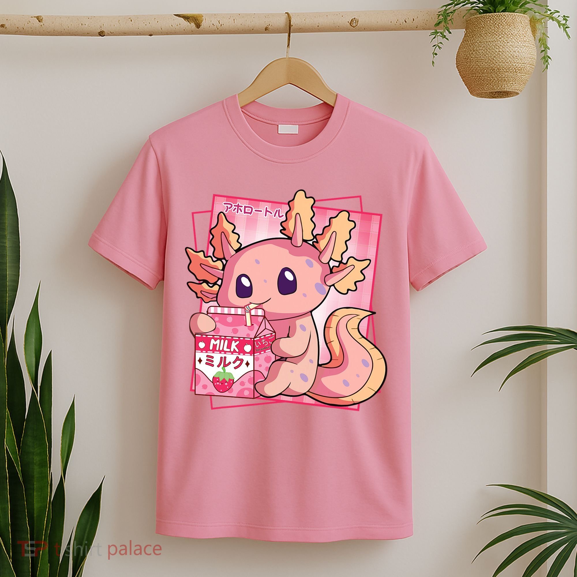 Japanese Style Kawaii Axolotl Strawberry Milk Anime T-Shirt