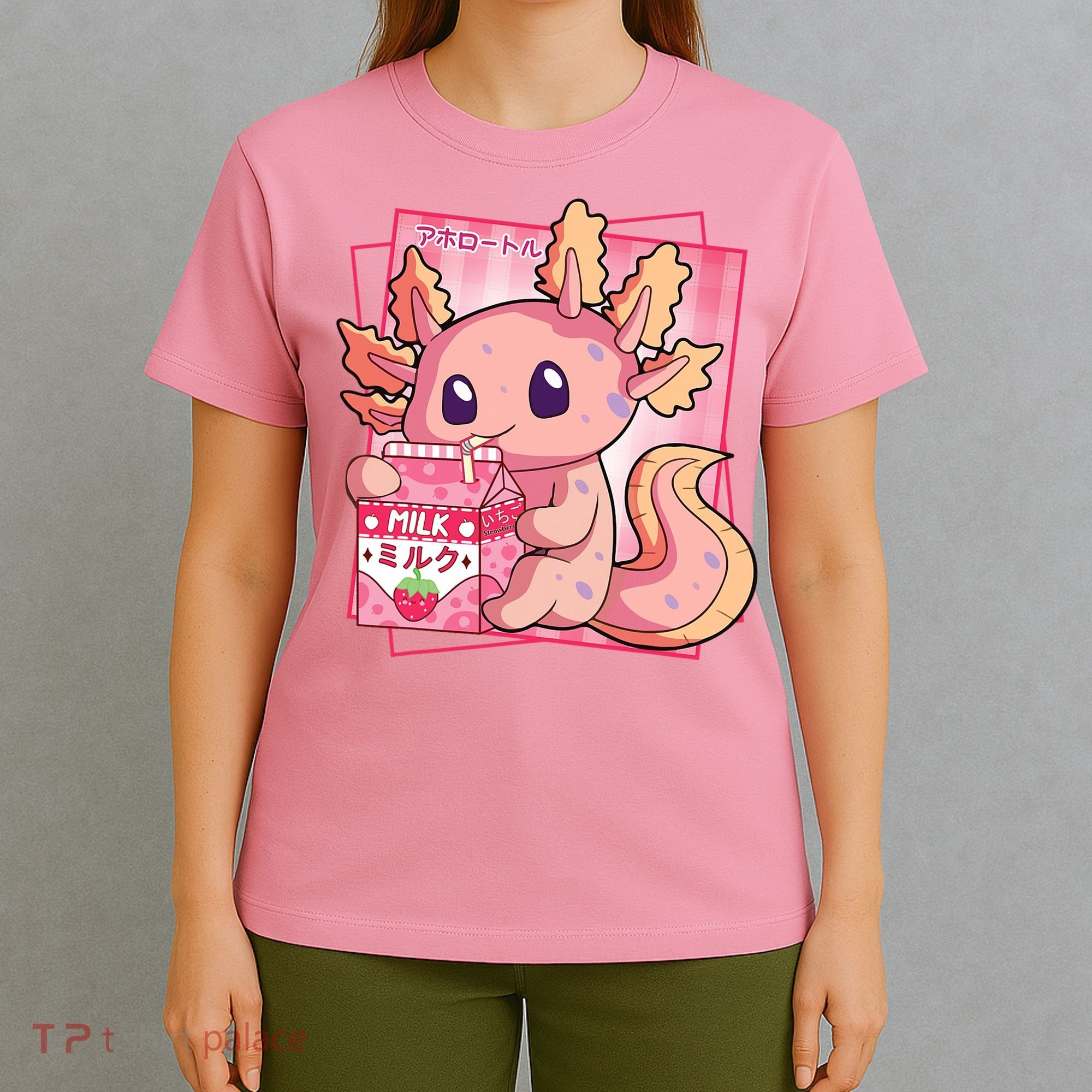 Japanese Style Kawaii Axolotl Strawberry Milk Anime T-Shirt