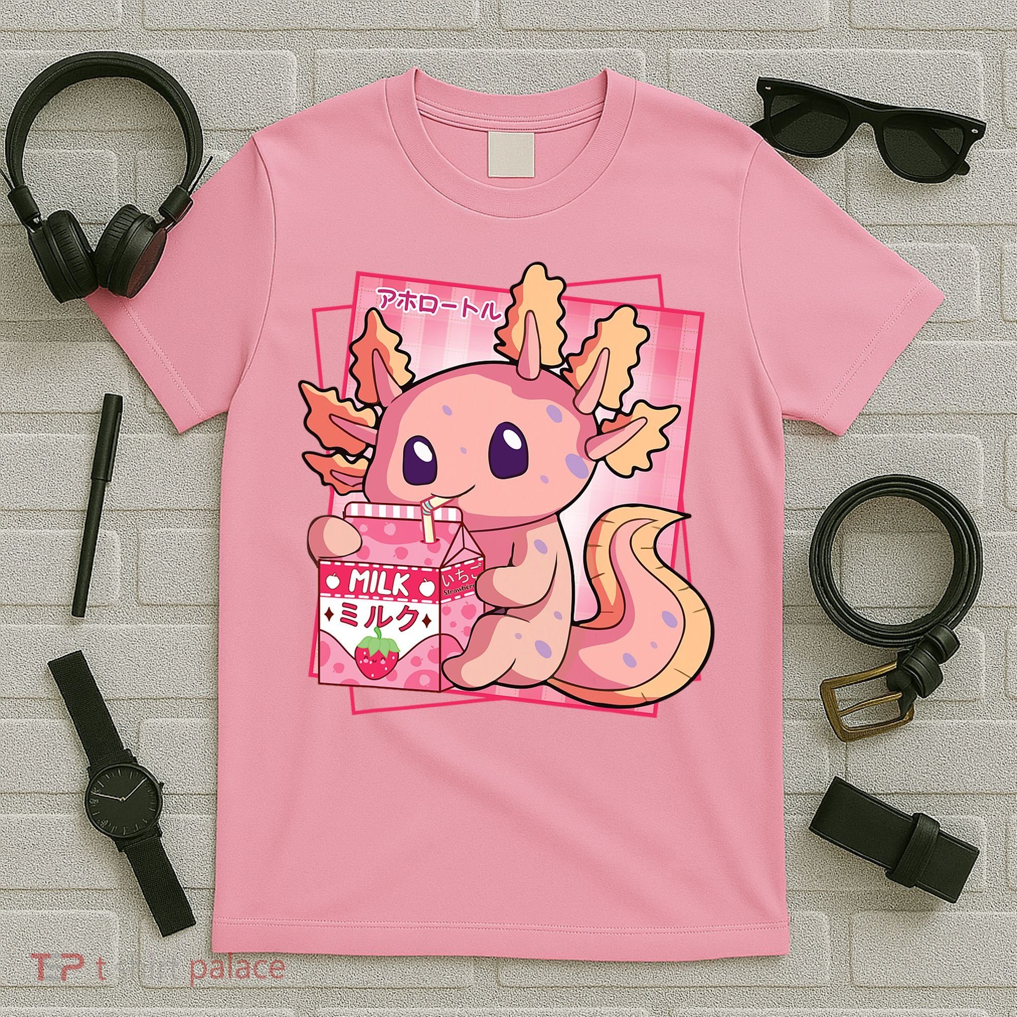 Japanese Style Kawaii Axolotl Strawberry Milk Anime T-Shirt