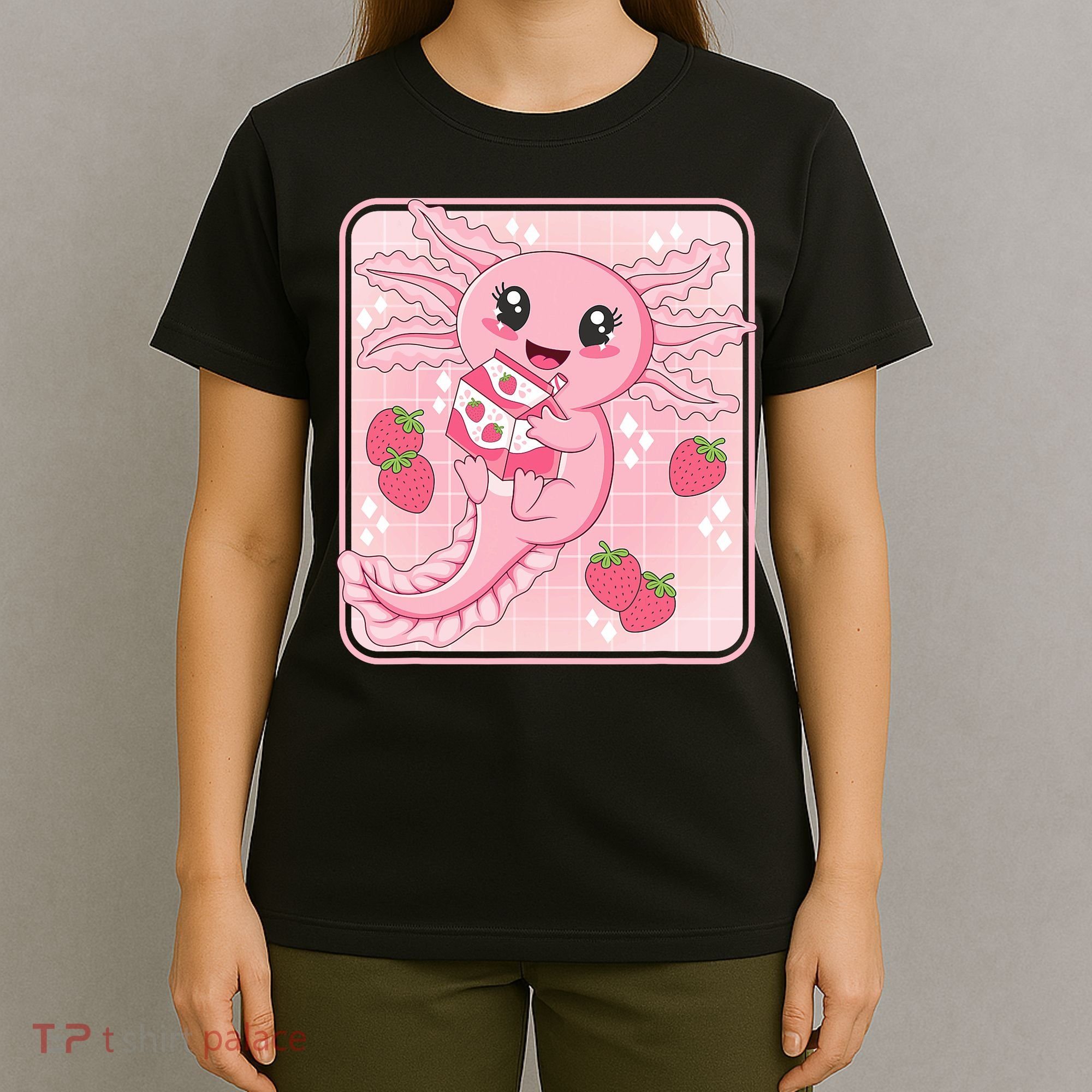 Japanese Strawberry Milk Anime Pin.k Kawaii Axolotl T-Shirt