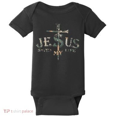 Jesus Saved My Life Army Camo Baby Bodysuit