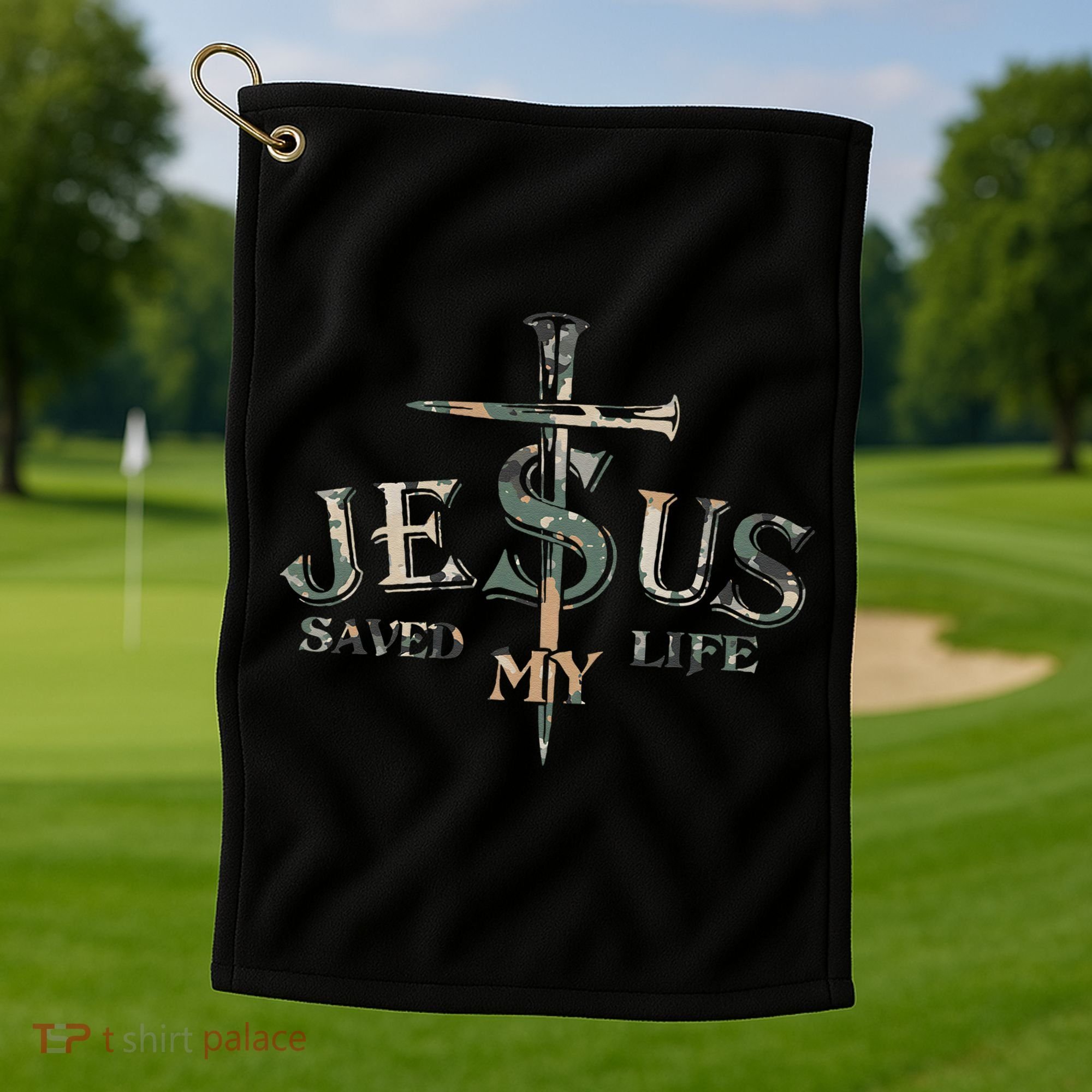 Jesus Saved My Life Army Camo Golf Towel