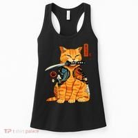 Japanese Samurai Ninja Cat Kawaii Anime Women's Tank Top thumb 0