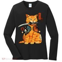 Japanese Samurai Ninja Cat Kawaii Anime Women's Long Sleeve Shirt thumb 0