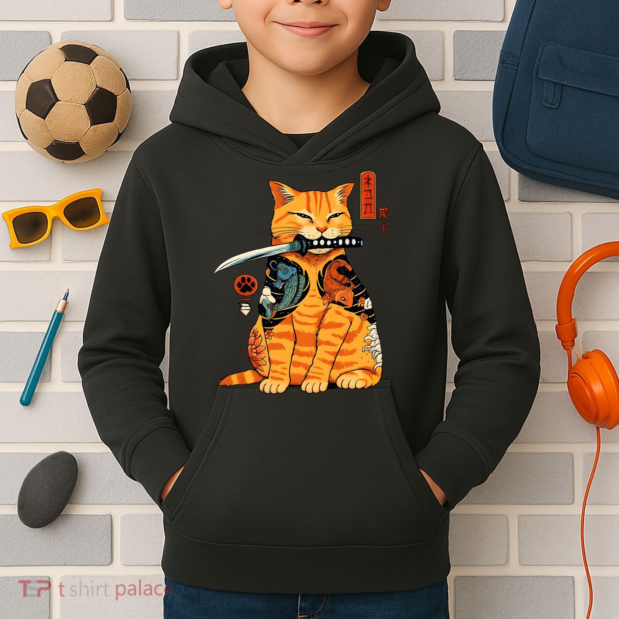 Japanese Samurai Ninja Cat Kawaii Anime Kids Hoodie