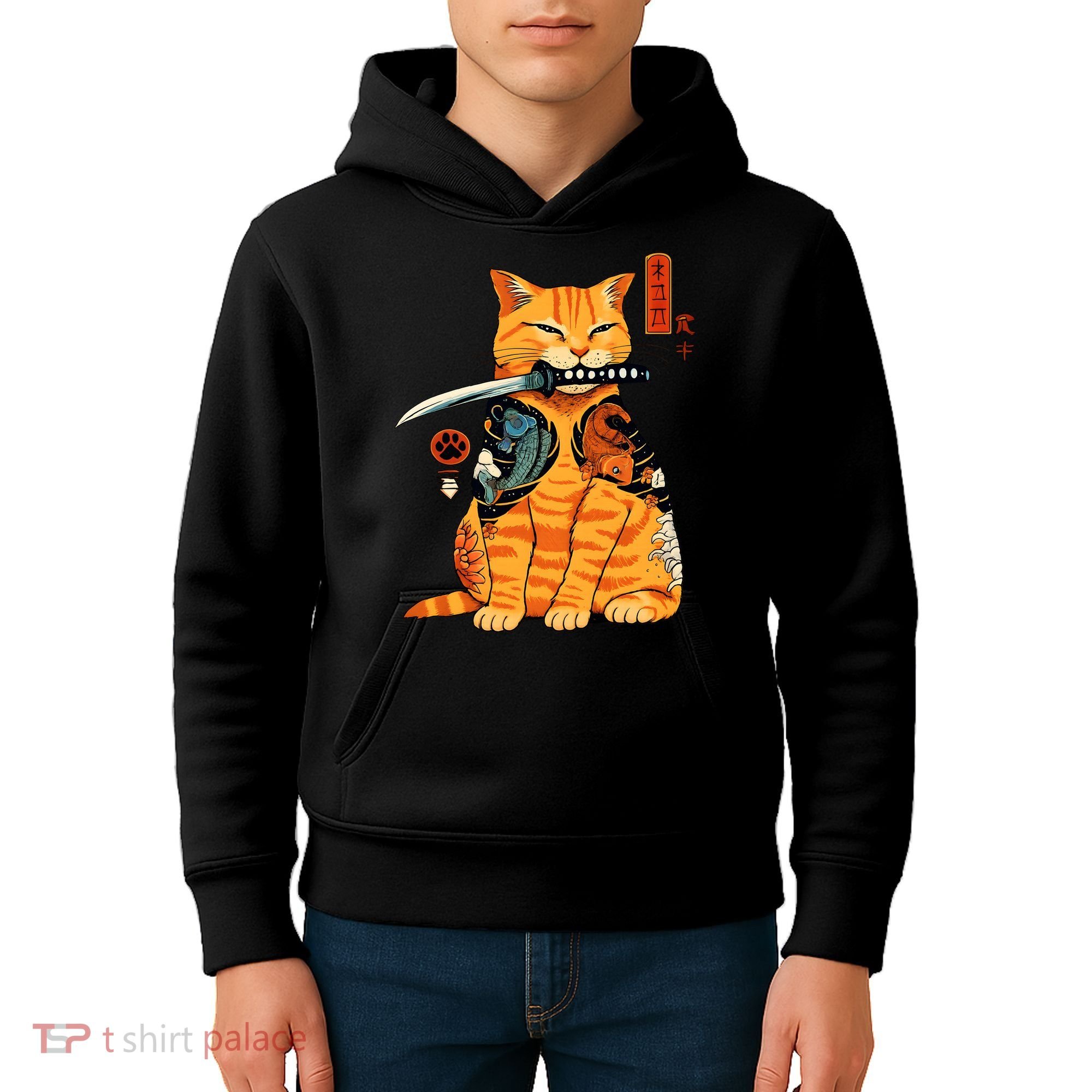 Japanese Samurai Ninja Cat Kawaii Anime Kids Hoodie