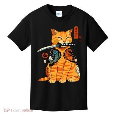 Japanese Samurai Ninja Cat Kawaii Anime Kids T-Shirt