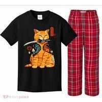 Japanese Samurai Ninja Cat Kawaii Anime Kids Plaid Pajama Set thumb 0