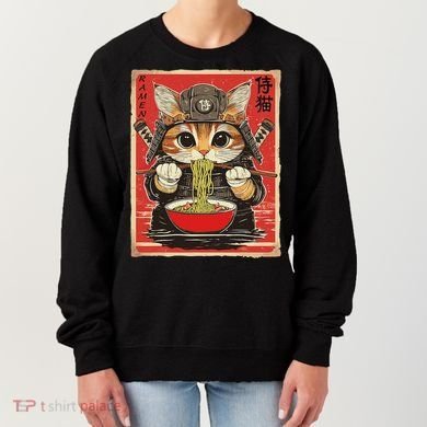Japanese Samurai Ninja Cat Eating Ramen Women's Sweatshirt