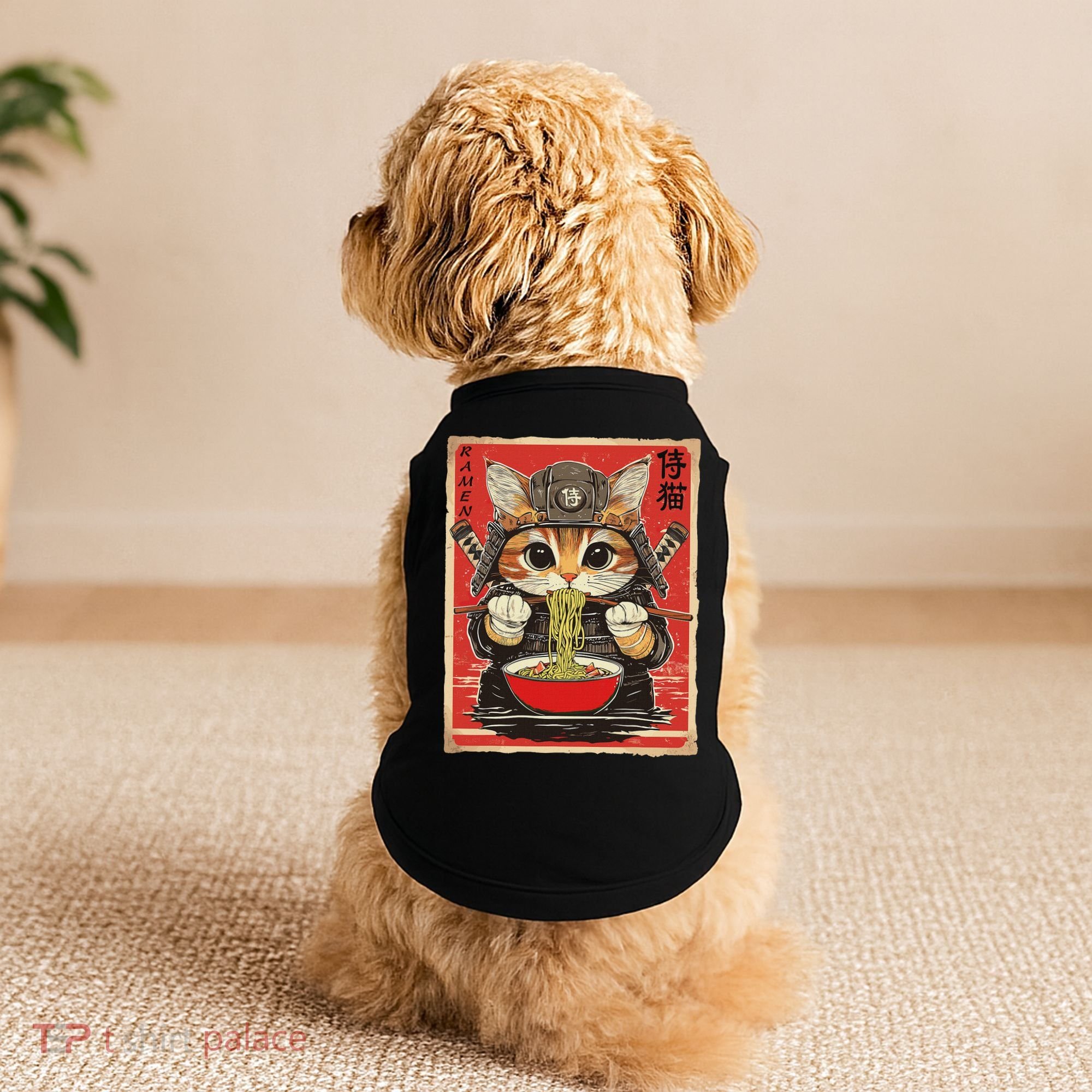 Japanese Samurai Ninja Cat Eating Ramen Doggie Tank