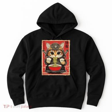 Japanese Samurai Ninja Cat Eating Ramen Hoodie
