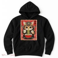 Japanese Samurai Ninja Cat Eating Ramen Hoodie thumb 0