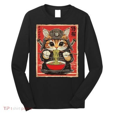 Japanese Samurai Ninja Cat Eating Ramen Long Sleeve Shirt