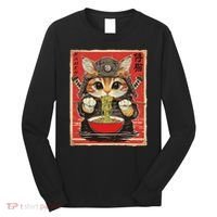 Japanese Samurai Ninja Cat Eating Ramen Long Sleeve Shirt thumb 0