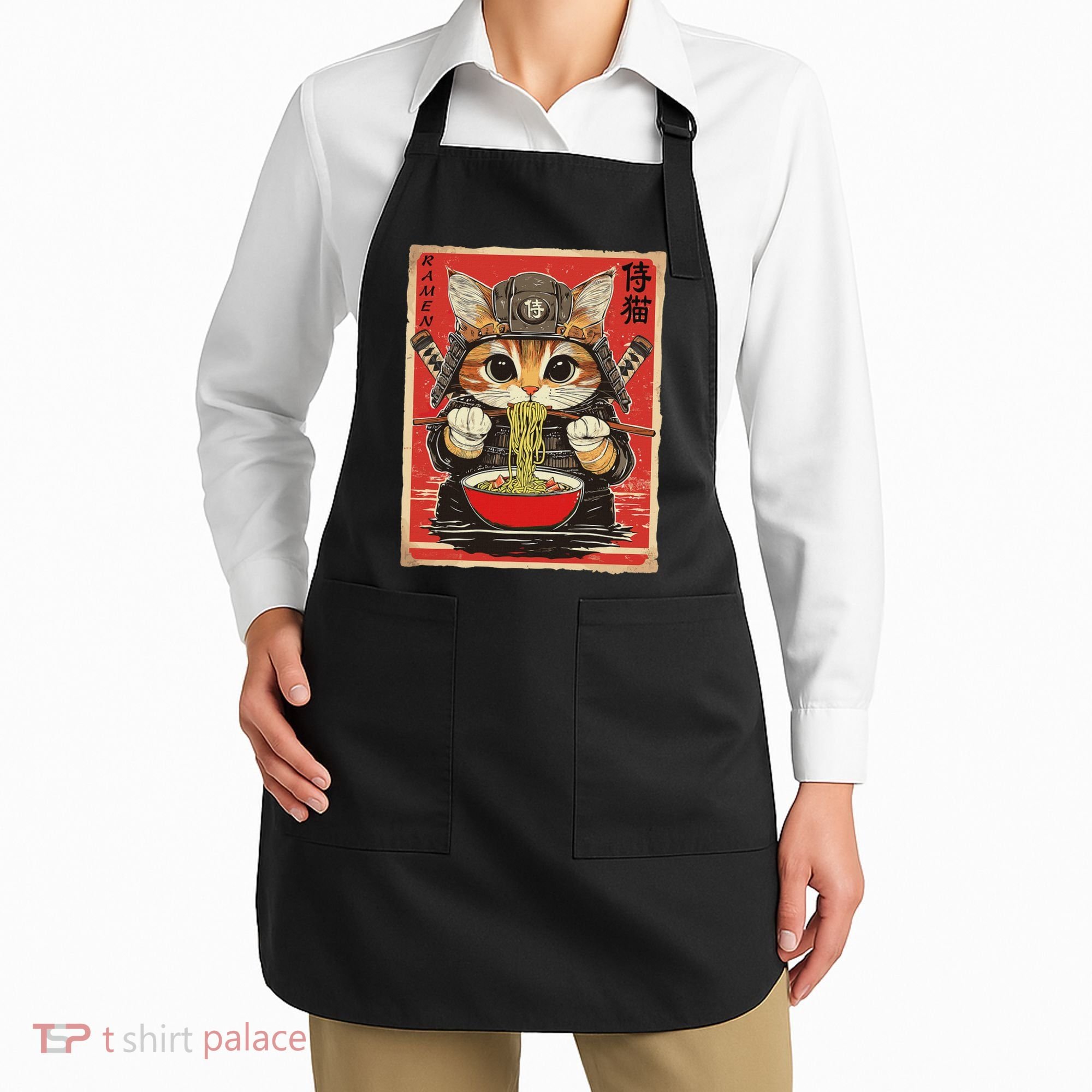 Japanese Samurai Ninja Cat Eating Ramen Apron